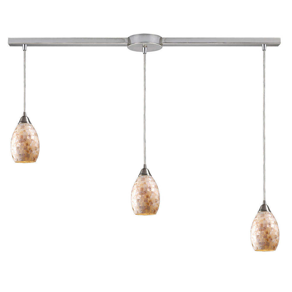 Capri 3-Light Linear Pendant Fixture in Satin Nickel with Capiz Shell Glass