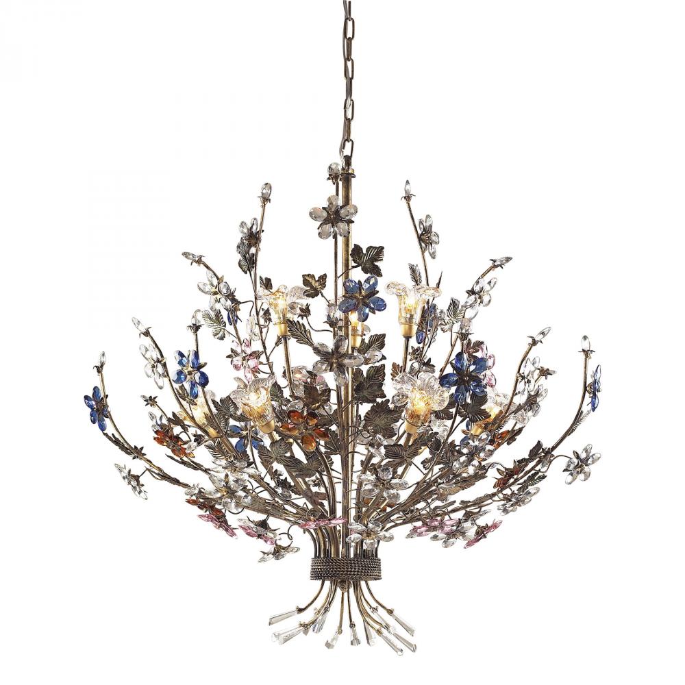 Brillare 9-Light Chandelier in Bronzed Rust with Multi-colored Floral Crystals