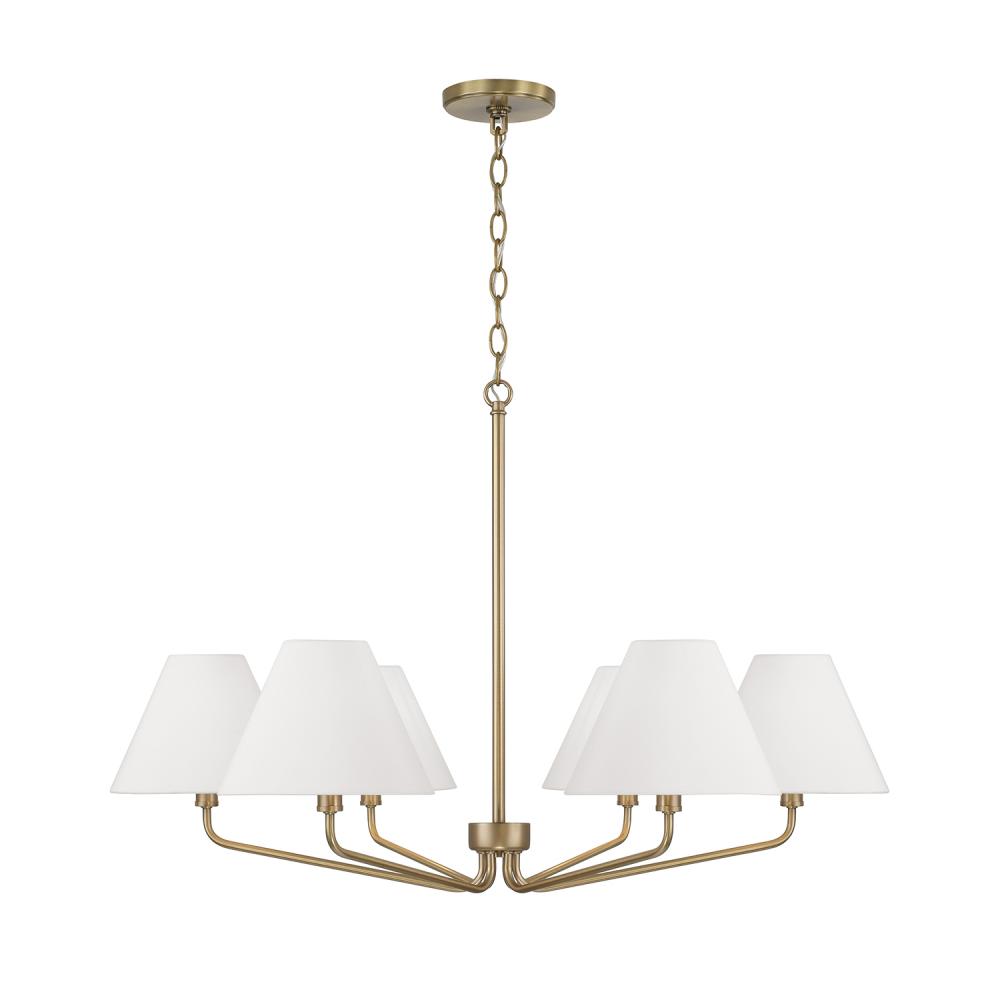 6-Light Angular Chandelier in Aged Brass with Tapered White Fabric Shades