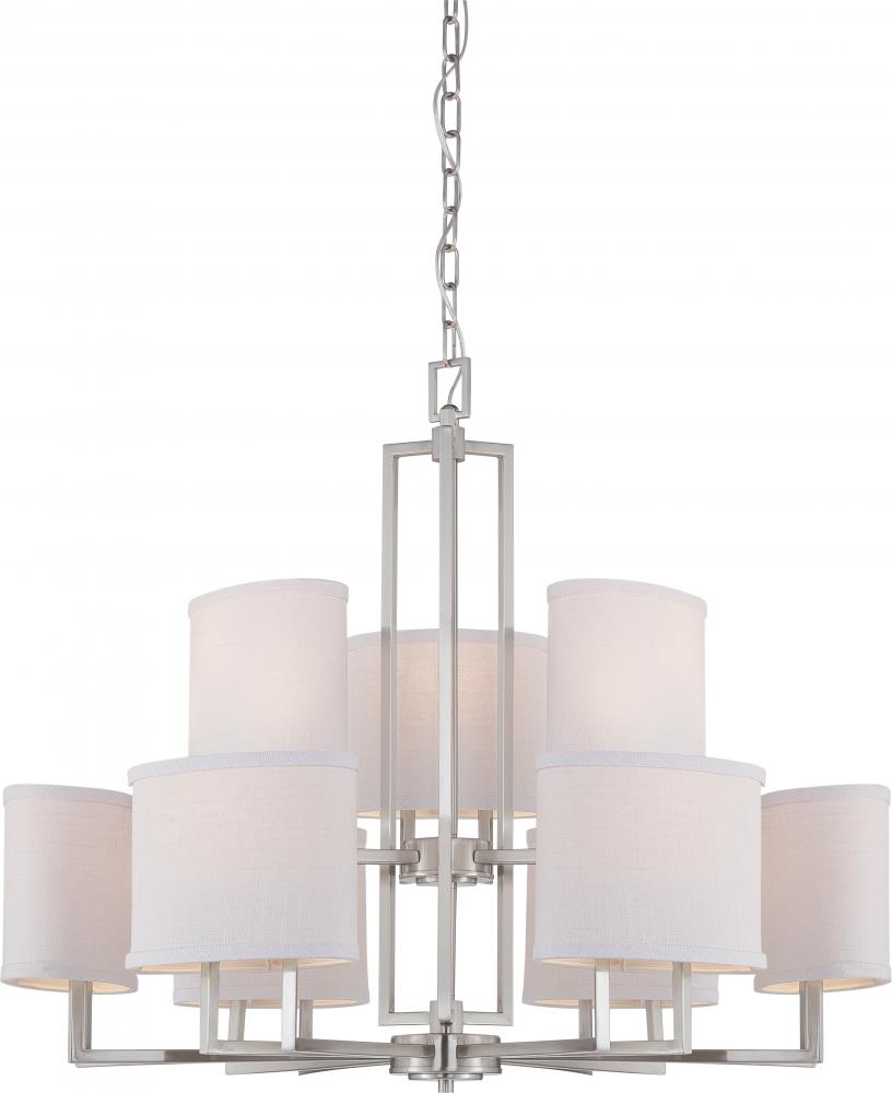 Gemini - 9 Light Chandelier with Slate Gray Fabric Shades - Brushed Nickel Finish