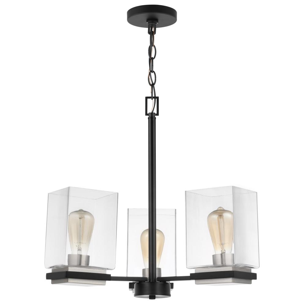 Crossroads; 3 Light Chandelier; Matte Black with Clear Glass