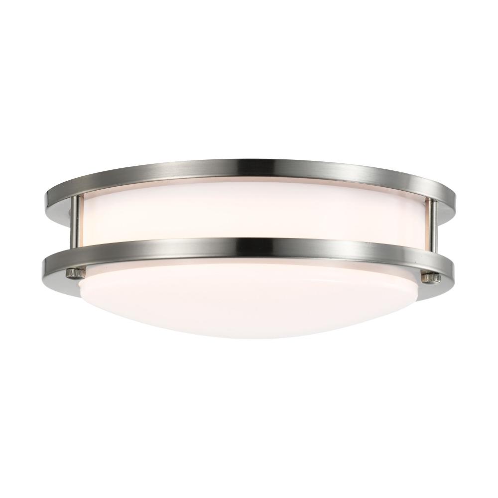 16 Watt; 10 inch; LED Flush Mount Fixture; 3000K; Dimmable; Brushed Nickel; White Lens