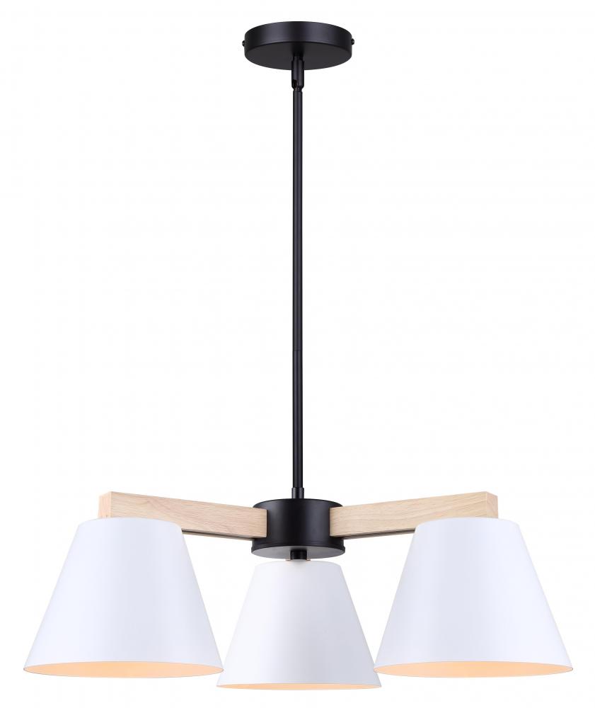 Harlyn 3 Light Matte Black, Matte White, and Wood Modern Chandelier for Dining Rooms and Living Room